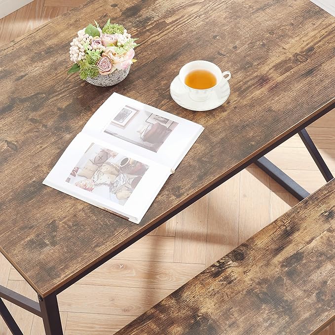 VECELO Kitchen Table with 2 Benches for 4, Wood Dining Room Dinette Sets with Metal Frame for Breakfast Nook and Small Space, Brown