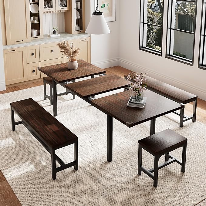 5 Pieces Dining Room Table Set for 4-6, 63' Extendable Kitchen Table Set with 2 Benches & 2 Stools, Small Dining Table Set with Metal Frame & MDF Board, Espresso