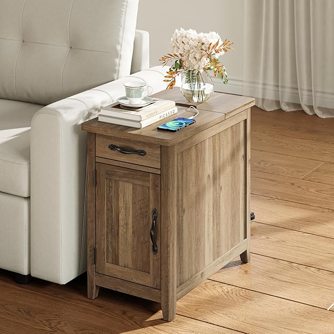 LINSY HOME Farmhouse End Table with Charging Station, Narrow Side Table for Living Room, Sofa Side Table with Drawer and Storage Cabinet, Small Nightstand for Home Office