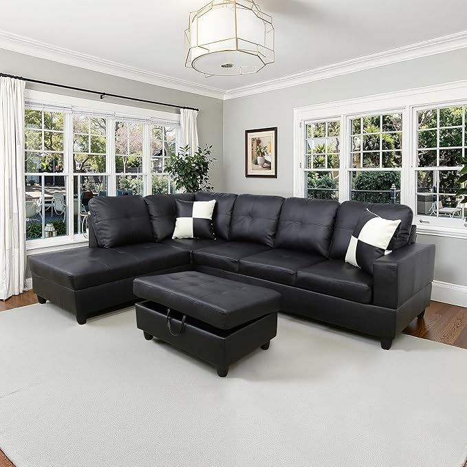 NicBex Sectional Couch 3 Pieces Sofa Set with Right Chaise Faux Leather L Shaped Cloud Couch for Living Room Furniture Sets with Storage Ottoman, Modular Sofa for Living Room & Apartment, Ink Black