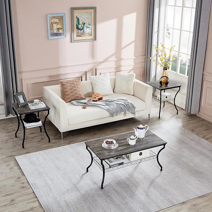 VECELO 3 Pieces Living Room Table Sets, Coffee and End Tables with Open Storage Shelves for Apartment, Home Office, Small Space, Easy Assembly, Grey Oak