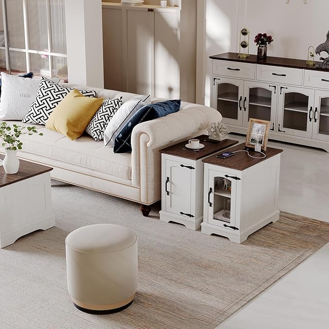 Narrow Side Table with Charging Station,13.8" W End Table with Storage for Sofa Couch or Bed Side with Outlets & USB Ports,Farmhouse Nightstand for Bedroom, Living Room (White & Walnut)