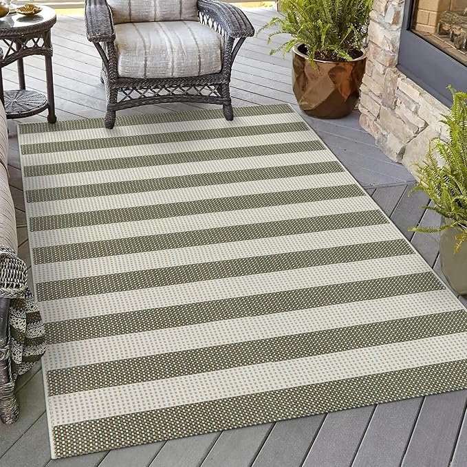 OJIA Striped Outdoor Area Rug 4'x6' Washable Patio Rugs Cotton Woven Living Room Rug Farmhouse Indoor Outdoor Rugs Large Floor Carpet for Courtyard/Bedroom/Entryway (Green/White/Tan)