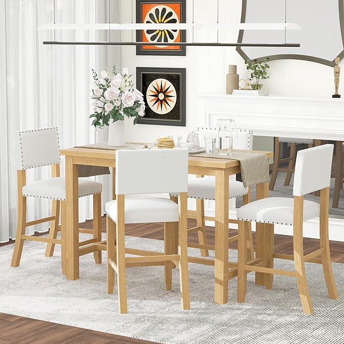 Ball & Cast 5 Piece Wood Dining Table Set with 4 Upholstered Chairs,Kitchen Table and Chairs for 4 W/ 52" Rectangle Desk,for Restaurant,Home Bistro,Natural Wood Wash