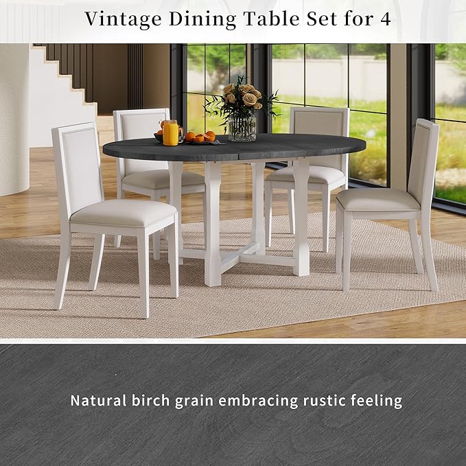Ball & Cast 5 Pieces Dining Table Set with 4 Upholstered Chairs,Farmhouse Wooden Living Room Furniture for 4 W/ 57.7" Extendable Dining Table,for Dining Room,Bistro,Apartment,Grey+White