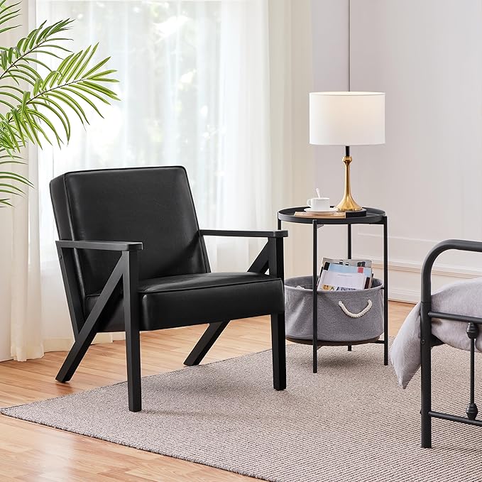 Yaheetech Accent Chair, PU Leather Reading Chair, Mid Century Modern Arm Chair with Solid Wood Frame for Living Room Bedroom Waiting Room, 2 Pieces, Black