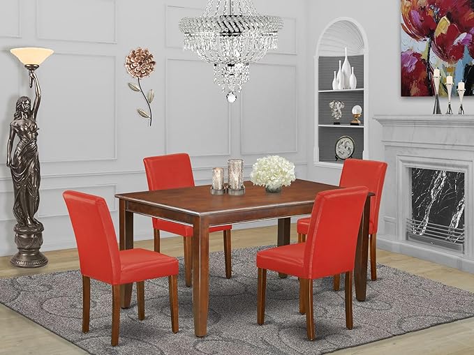 East West Furniture DUAB5-MAH-72 5 Piece Dinette Set for 4 Includes a Rectangle Dining Table and 4 Firebrick Red Faux Leather Parson Dining Room Chairs, 36x60 Inch, Mahogany