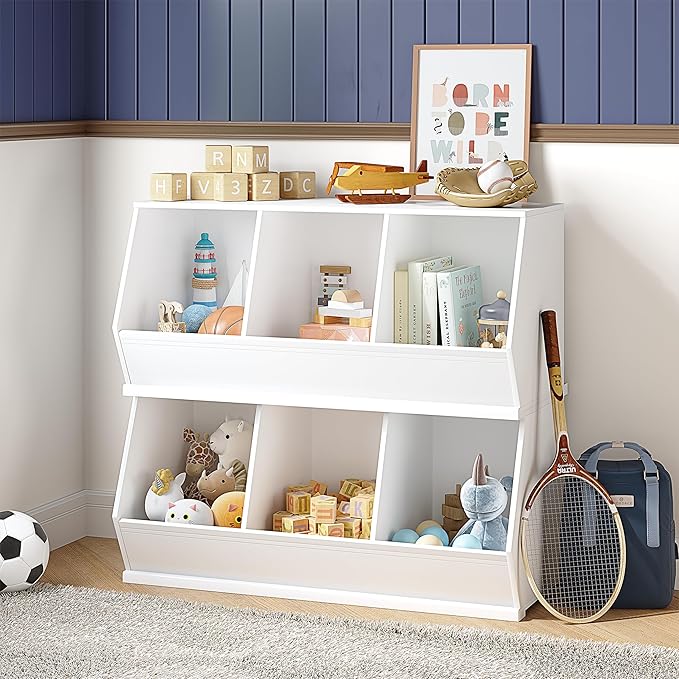 UTEX Stackable Toy Storage Cabinet, Wooden Cubby Organizer, White Shelf for Playroom, Bedroom, Living Room, Nursery, 3 Cubes