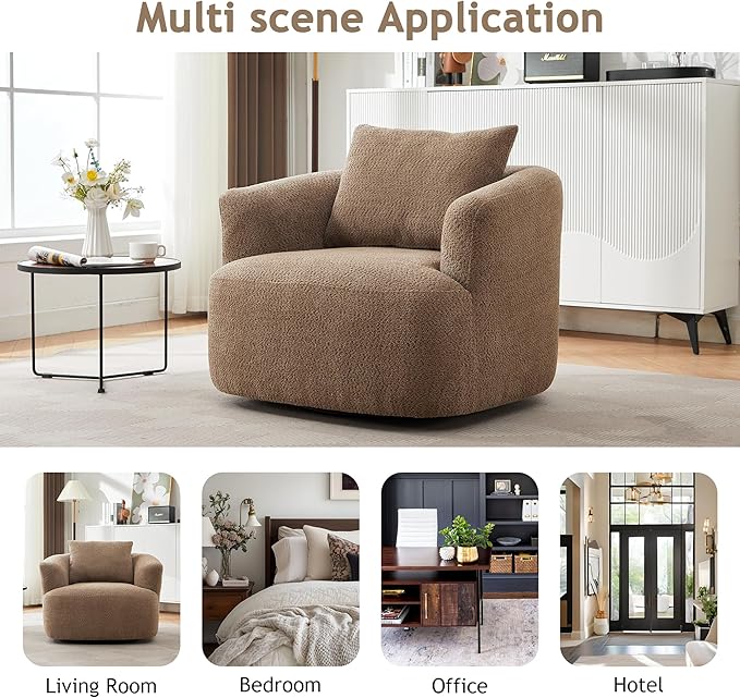 Merax Modern Cozy Chenille 360° Swivel Sofa Chair with a Throw Pillow, 38.2" Upholstered Leisure Barrel Accent Armchair with Deep Seating for Living Room Bedroom,Office, Hotel, Dark Brown