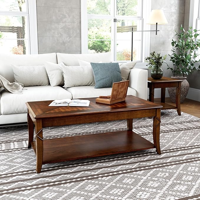 Solid Wood Coffee Table with Storage Shelf, Rectangle Coffee Table for Living Room, Mid-Century Living Room Table with Curved Legs, Large Countertop Cocktail Center Table, Cherry Walnut KFZ-DR200
