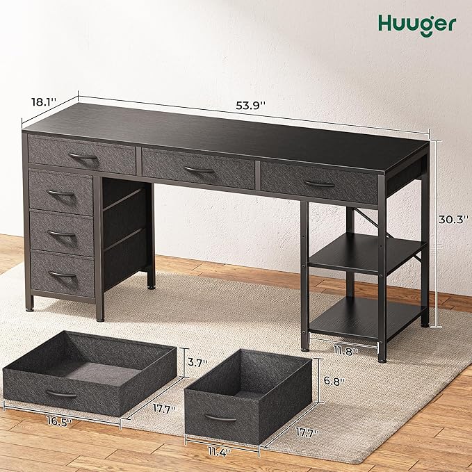 Huuger Computer Desk with 6 Drawers, 54 Inch Office Desk with Shelves, Reversible Gaming Desk, Corner Desk with Storage, Work for Home Office, Study, Living Room, Black