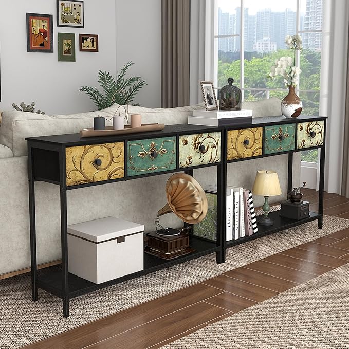Tohomeor Entryway Console Table with 3 Retro Flowers Fabric Drawers Boho Narrow Long Behind Couch Farmhouse Sofa Table with Bottom Open Storage Shelf for Hallway Living Room Foyer (Black, 3 Drawers)
