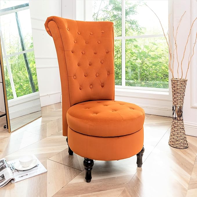 Container Furniture Direct Royal High-Back Velvet Accent Chair for Vanity with Storage and Luxurious Upholstery, Retro Design and Versatile Usage for Livingroom, Bedroom, Lounge and Office, Red Orange