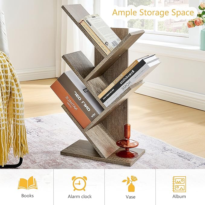 Hoctieon 4 Tier Tree Bookshelf, 4 Shelf Bookcase, Modern Book Storage, Free Standing Tree Bookcase, Utility Organizer Shelves for Home Office, Living Room, Bedroom, Greige