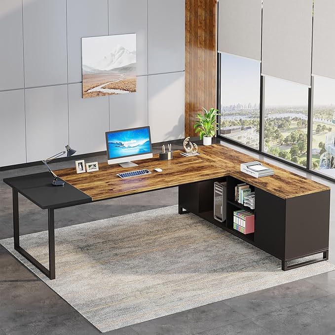 Tribesigns 70.8" Executive Desk with 55" File Cabinet, Modern L Shaped Computer Desk with Storage Shelves and Cabinet, Large L Shaped Executive Desk for Home Office, Rustic Brown & Black
