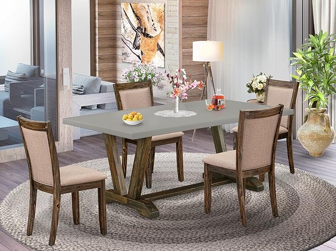 East West Furniture V797MZ716-5 5 Piece Dining Set Includes a Rectangle Dining Room Table with V-Legs and 4 Dark Khaki Linen Fabric Upholstered Parson Chairs, 40x72 Inch, Multi-Color