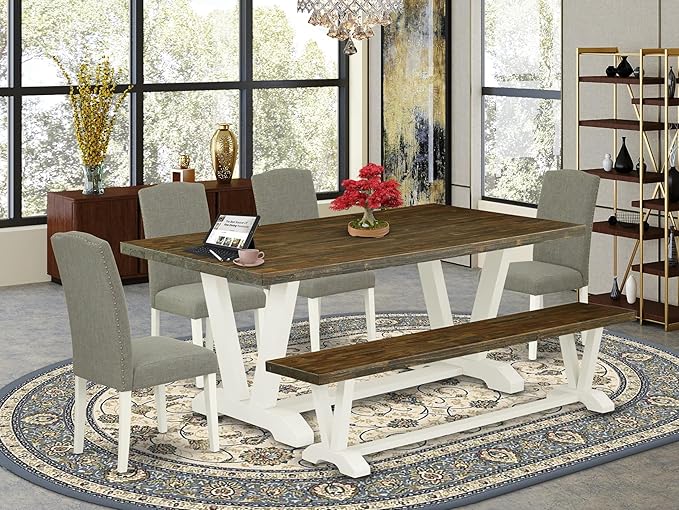 East West Furniture V077EN206-6 6 Piece Dinette Set Contains a Rectangle Dining Table with V-Legs and 4 Dark Shitake Linen Fabric Parson Chairs with a Bench, 40x72 Inch, Multi-Color