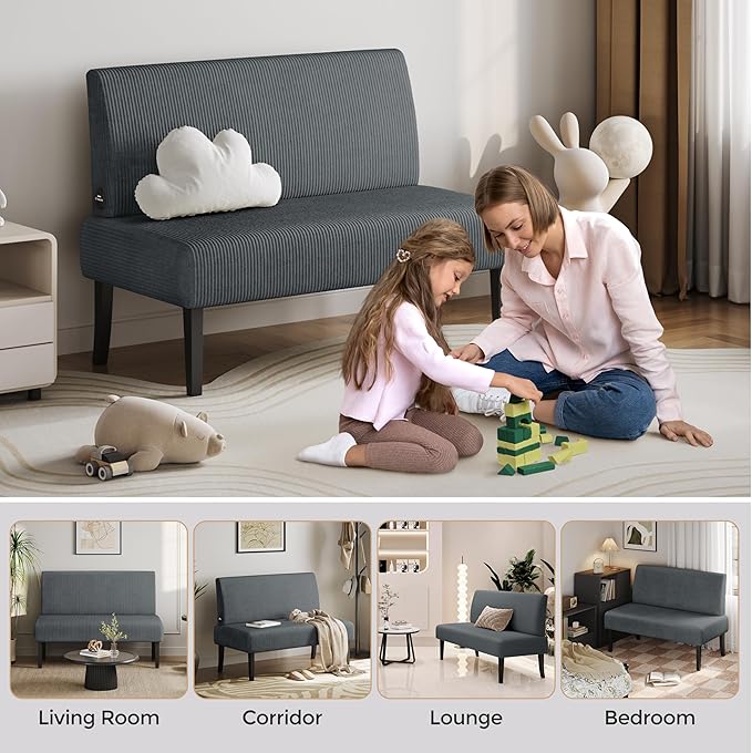 Yaheetech Small Comfy Sofa Mini Loveseat Couch 2-Seater Armless Sofa Chair, Corduroy Fabric & Easy Assembly, for Small Spaces Living Room,Bedroom,Dorm,Office, Dark Grey