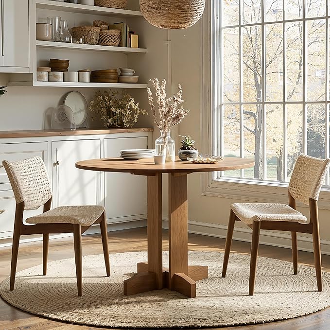 Acanva 47" Small Round Dining Table for 4 Person, MDF Top and Sturdy Wood Base Structure, Modern Design for Kitchen, Compact Space & Apartment, Natural Oak
