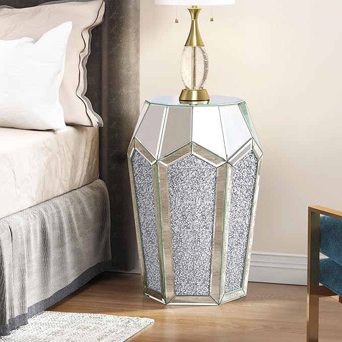 ENENE Mirrored End Table Crystal Diamond Setting Coffee Table Silver Glass Side Table Pedestal Stand for Hallway, Living Room, Corner, Bedroom, Sofa