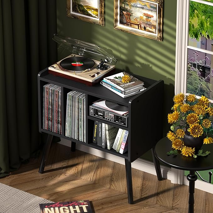 Record Player Table, Mid-Century Record Player Stand with Vinyl Storage Hold Up to 150+ Albums, Vinyl Record Cabinet with Adjustable Shelves, Wood Turntable Stand for Music Living Room (Black)