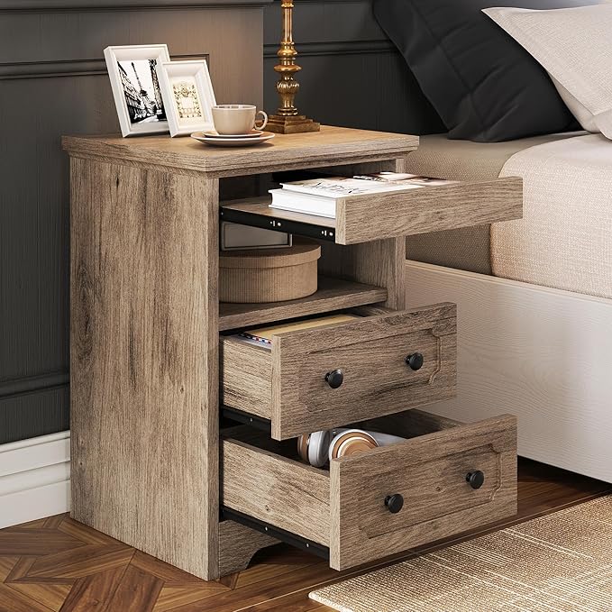 LIKIMIO Night Stand, Modern Bedside Table with 2 Drawers, Open Shelf, End Table with Pull-Out Tray, Wood SideTable, Grey Oak