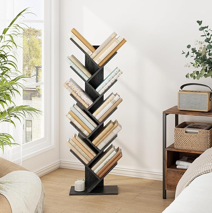 Hoctieon 10 Tier Tree Bookshelf, 10 Shelf Bookcase, Free Standing Tree Bookcase, Display Floor Standing Shelf for Books, Book Organizer Shelves for Home Office, Living Room, Bedroom, Black