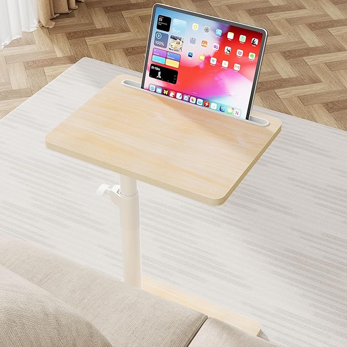 Sofa Armrest Tray Table for Couch - 360° Swivel Height Adjustable End for Small Spaces, Snack Side Table for Bed or Chair with Phone & Tablet Slot (Oak,Standard)