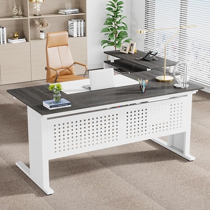 Tribesigns 63 Inch Executive Desk with File Cabinet, L Shaped Office Desk with Drawers and Storage Shelves, Business Furniture Set Workstation for Home Office, Gray and White