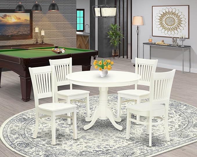 East West Furniture HLVA5-LWH-W 5 Piece Dining Room Furniture Set Includes a Round Kitchen Table with Pedestal and 4 Dining Chairs, 42x42 Inch, Linen White