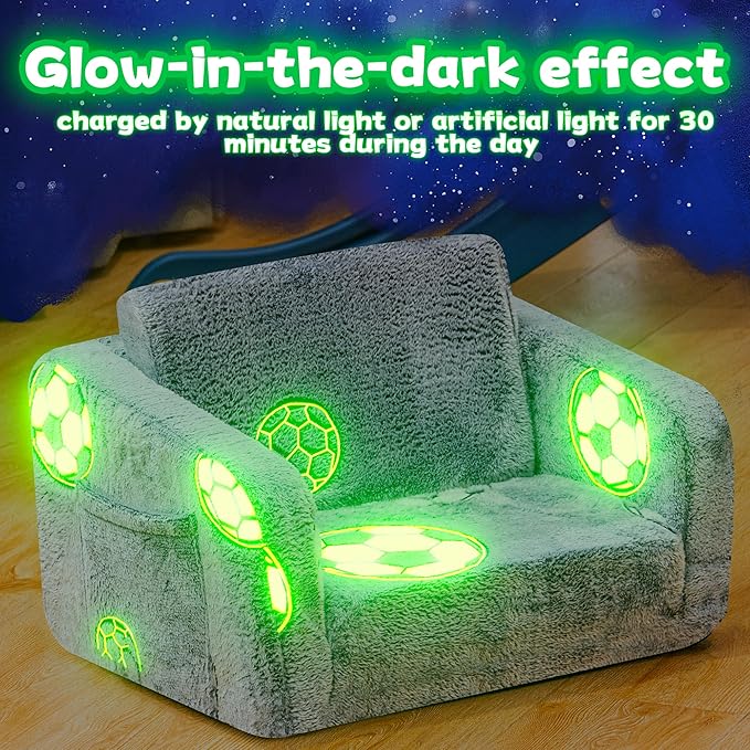 Lamerge 2-in-1 Soft Toddler Couch Fold Out,Foldable Toddler Chair, Glow in The Dark Kids Sofa for playroom,Convertible Foam and Floor Cushion for Boys and Girls (Grey and Football)