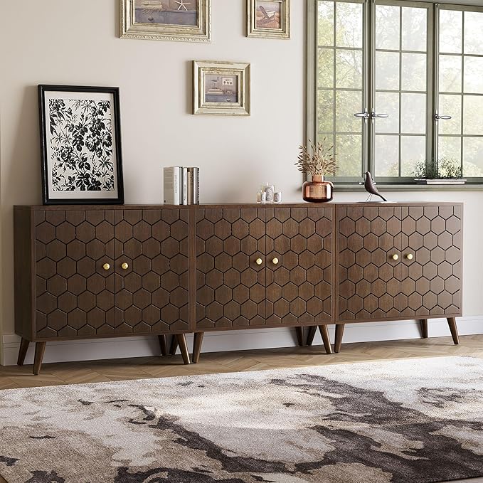COSIEST Set of 3 32" Storage Sideboards with Doors, Accent Cabinets with Magnetic Push-to-Open Doors, Brown Honeycomb Pattern, Entryway Console for Living Room, Kitchen, Hallway
