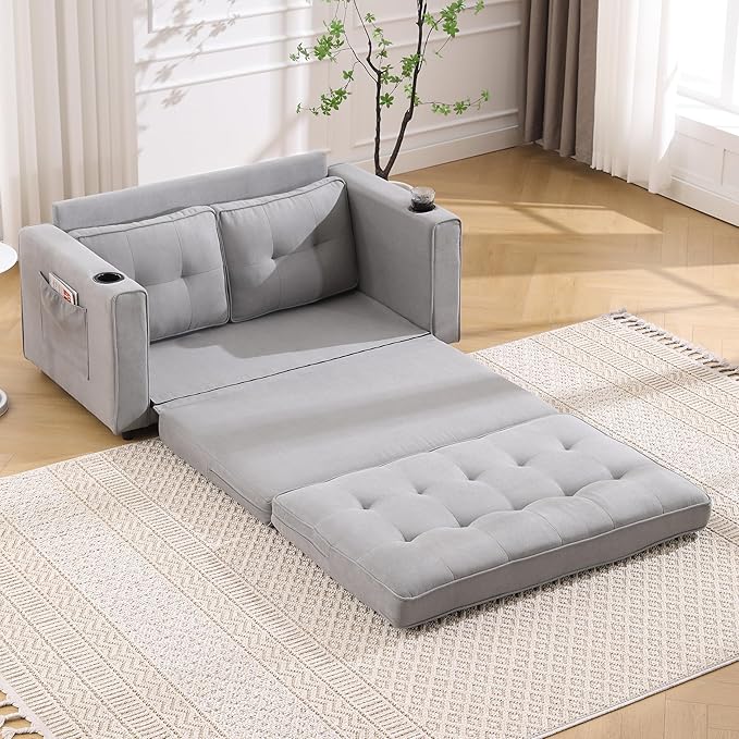 ERYE Modern Upholstered Loveseat Sofa Foldable Convertible Floor Sofabed W/Cupholders and Pockets, 3 Fold Tufted Futon Lounge Sofa with Pull Out Sleeper Couch Bed for Living Room Bedroom Studio