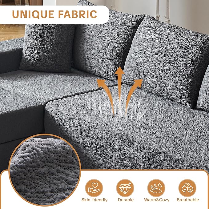 108" Modular Sectional Cloud Sofa - Boneless Couch with Deep Seat, Non Slip Base, Folding Sofa Sectional Couches for Living Room, Cozy Modular Couch with L-Shape Chaise, No Assembly Required, Grey