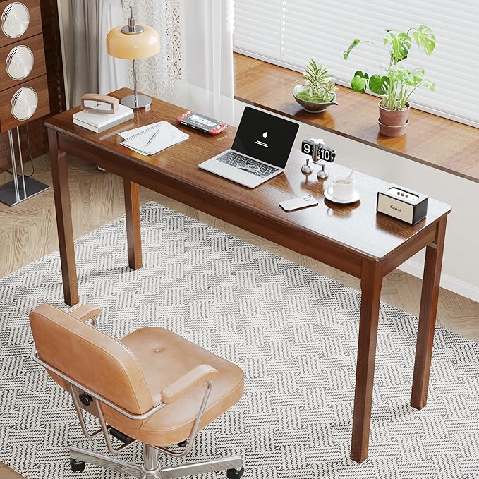 Solid Wood Desk with Drawers - 55 x 16 Inch Vintage Narrow Desks, Mid Century Modern Desks, Rubber Wood Study Table, Home Office Writing Desk for Bedroom|Small Spaces - Walnut Color
