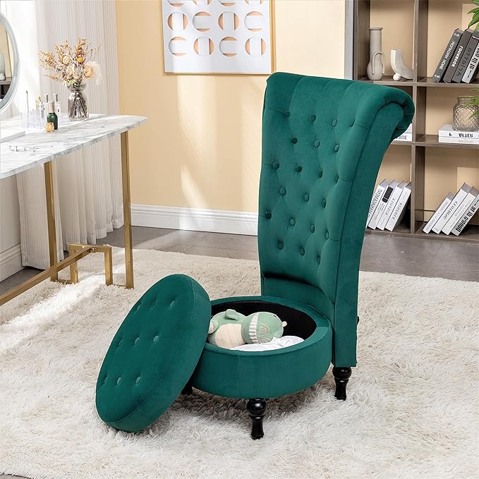 Container Furniture Direct Royal High-Back Velvet Accent Chair for Vanity with Storage and Luxurious Upholstery, Retro Design and Versatile Usage for Living Room, Bedroom, Lounge and Office, Green