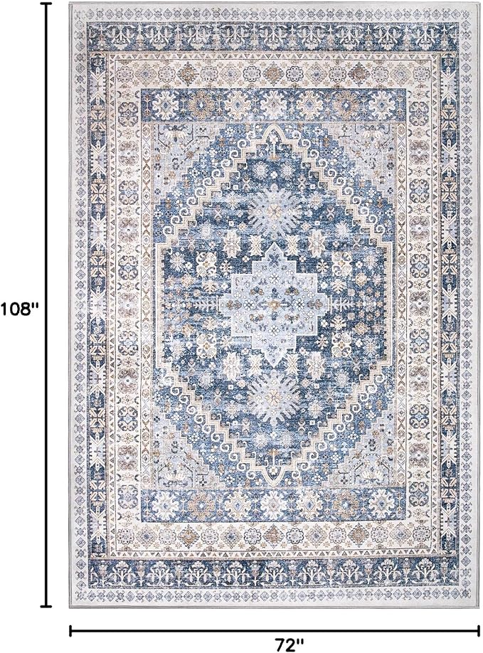zesthome 6x9 Area Rug, Super Soft Washable Rugs for Living Room, Non-Slip Stain Resistant Vintage Rugs, Ultra-Thin Large Area Rugs (Blue/Beige,6'x9')