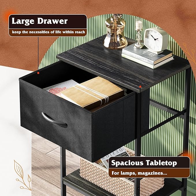 WLIVE Night Stand Set 2, Black Nightstand with Fabric Storage Drawer and Open Wood Shelf, Nightstand Set of 2 with Steel Frame, Side Table for Bedroom, Dorm, Charcoal Black, 25.03" Height