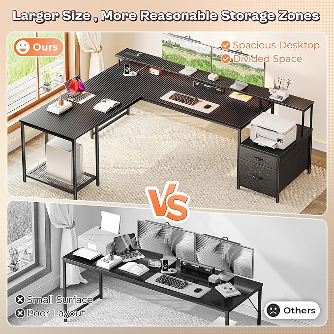 PRAISUN 66 Inch L Shaped Computer Desk with Power Outlets and LED Lights, Home Office Desk with Fabric Drawers and Print Stand, L Shape or Straight Set up, Monitor Stand, Carbon Fiber Black