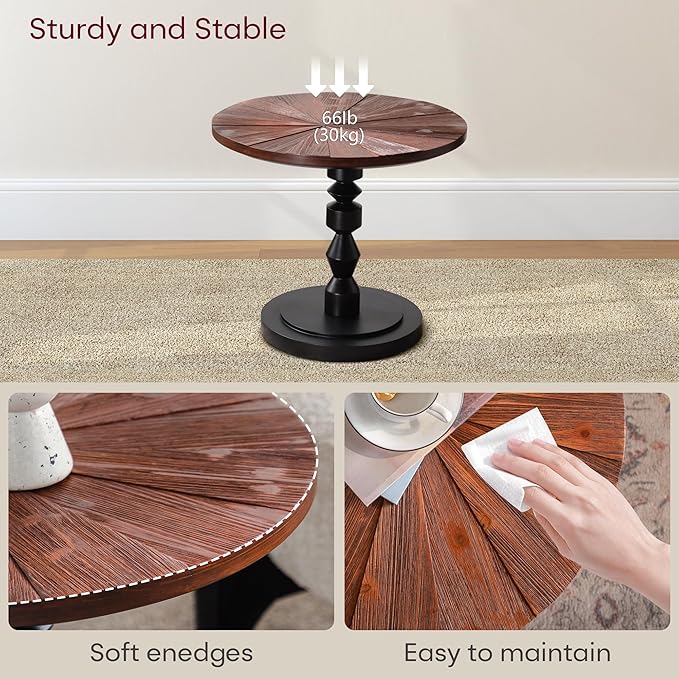 Wood Emd Table, Modern Round Side Table with Unique Top, Framhouse Accent Table for Living Room Bedroom Office (21.6 inch High)