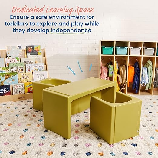 ECR4Kids Tri-Me Table and Cube Chair Set, Multipurpose Furniture, Fern Green, 3-Piece
