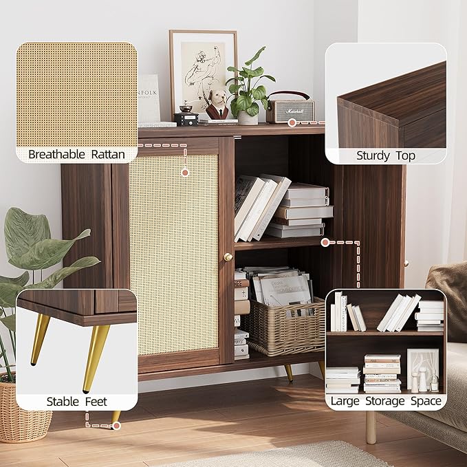 Shintenchi Rattan Buffet Cabinet with Storage, Sideboard Buffet Cabinet with Rattan Decor Doors, Modern Wood Cupboard for Kitchen Living Room Dining Room Hallway Entry,Brown