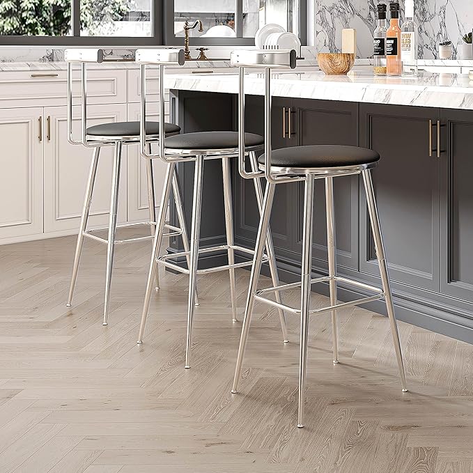 Bar Stools, Set of 2 High Kitchen Barstools, Bar Chairs with Backrest and Footrest, Industrial Counter Stools with PU Soft seat, for Kitchen, Living Room, Pub, Silvery BS-011SI