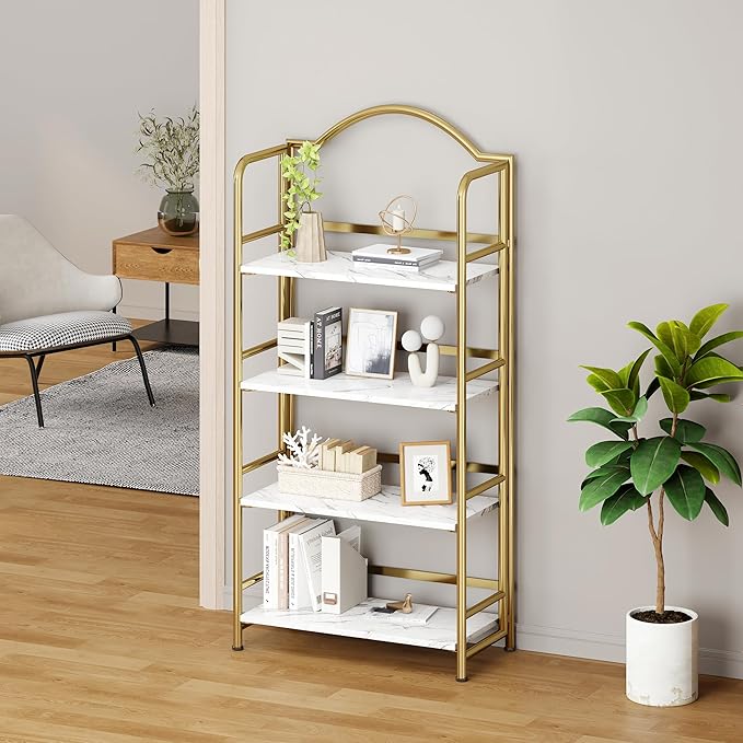 No-Assembly Gold Folding Bookshelf Storage Shelves 4 Tiers Vintage Multifunctional Plant Flower Stand Storage Rack Shelves Bookcase for Home Office