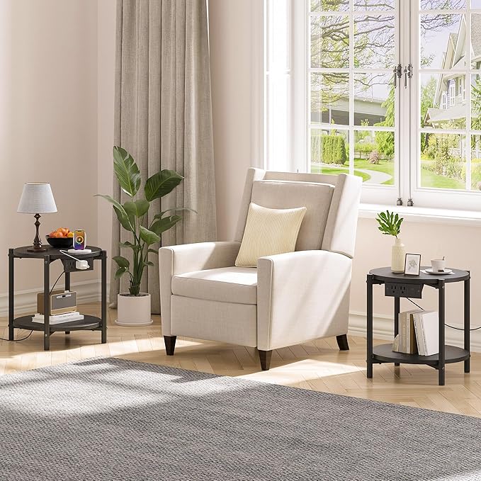 LIKIMIO Small Round End Tables Set of 2 with Charging Station, 2-Tier Wooden Side Tables, 15.8" W Modern Nightstands for Small Spaces, Living Room, Bedroom, Black