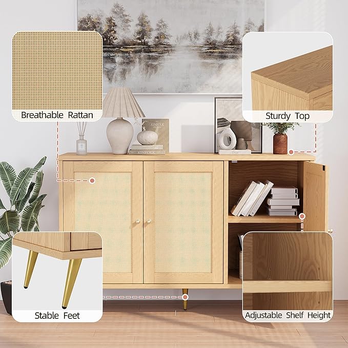 Shintenchi Large Rattan Storage Cabinet, Modern Sideboard Cabinet, Accent Large Storage Space Cabinet with Rattan Decorated Doors for Living Room, Dining Room