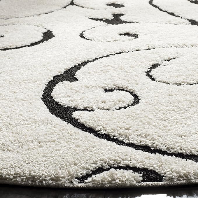 SAFAVIEH Florida Shag Collection 8' Round Ivory/Black SG455 Scrolling Vine Graceful Swirl Textured Non-Shedding Living Room Bedroom 1.2-inch Thick Area Rug