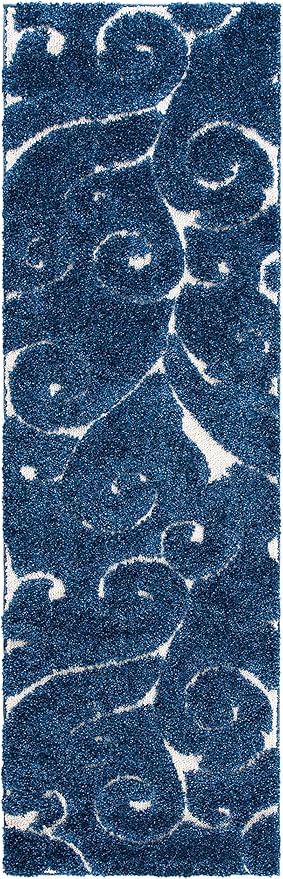 SAFAVIEH Florida Shag Collection Runner Rug - 2'3" x 7', Dark Blue & Cream, Scroll Design, Non-Shedding & Easy Care, 1.2-inch Thick Ideal for High Traffic Areas in Living Room, Bedroom (SG455-6511)