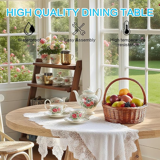 47" Round Dining Table for 4-6, Modern Dinner Table Farmhouse Round Small Kitchen Tables with Wooden Cross Base for Dining Room, Kitchen, Living Room, Retro Brown