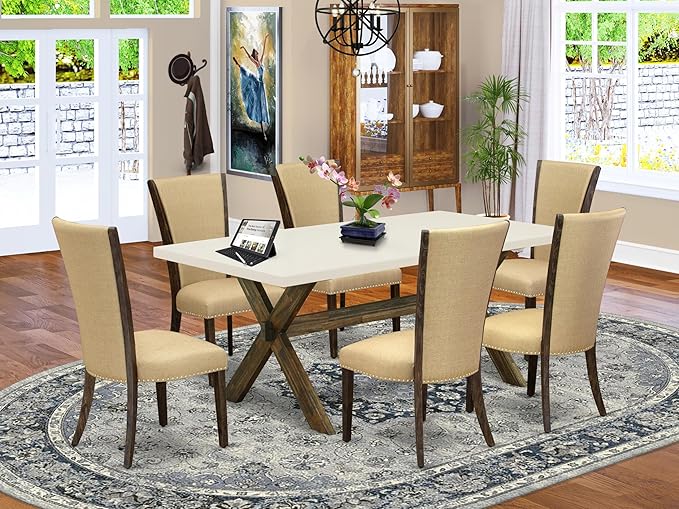 East West Furniture X727VE703-7 7 Piece Modern Dining Table Set Consist of a Rectangle Wooden Table with X-Legs and 6 Brown Linen Fabric Upholstered Parson Chairs, 40x72 Inch, Multi-Color